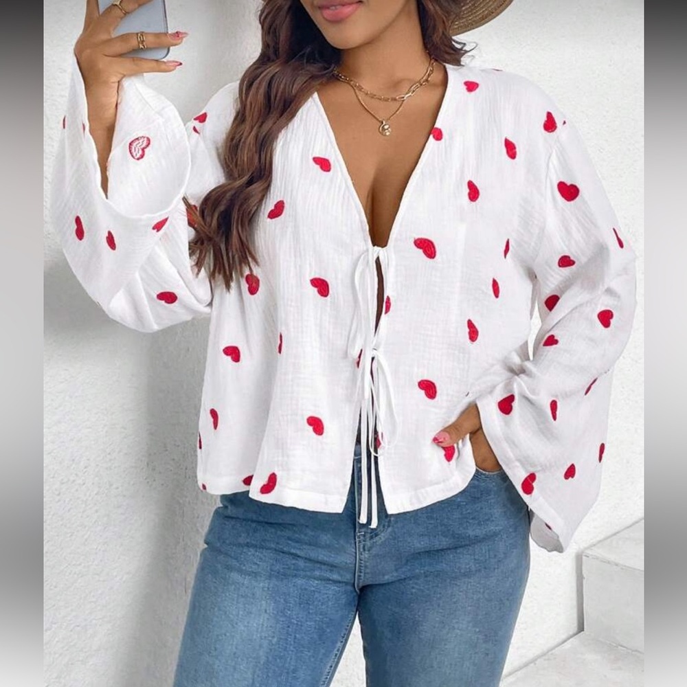 Heart Print Open Front Flare Sleeve White Red Top Blouse Shirt